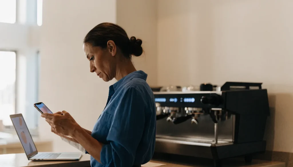 Cafe owner reading an AI assistant answer on her phone behind the counter