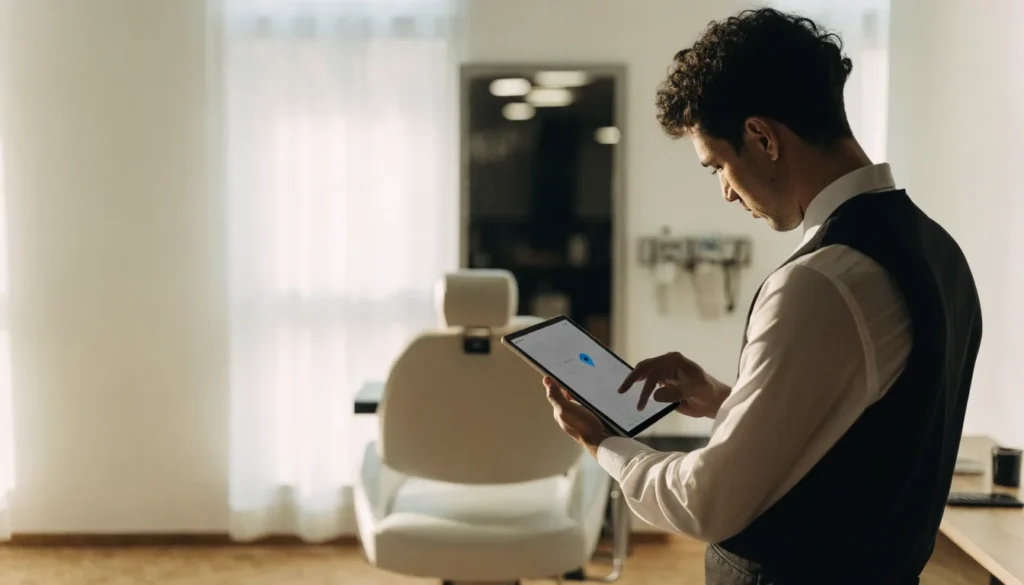 Barber checking his business map listing on a tablet in his shop