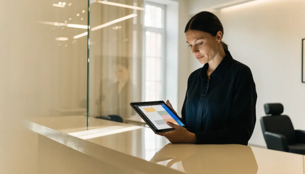 Hair stylist confirming an online booking on a tablet at the salon desk