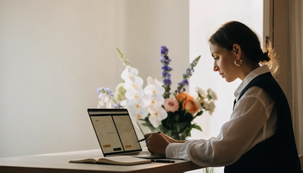 Flower shop owner comparing website options on a laptop in her shop
