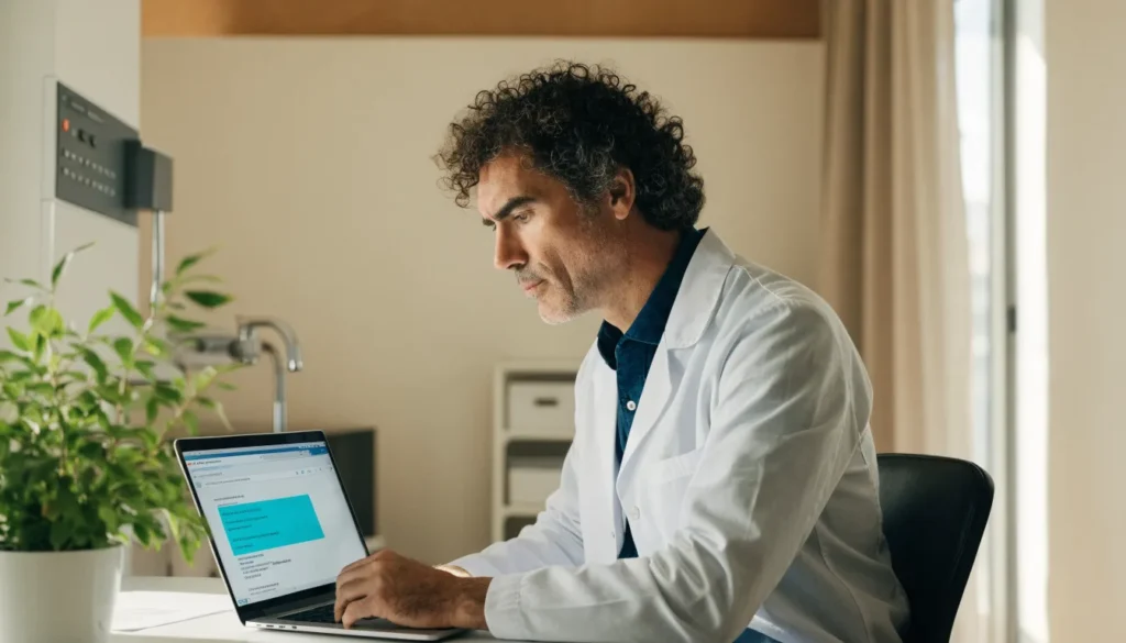 Dentist looking at his clinic in search results on a laptop