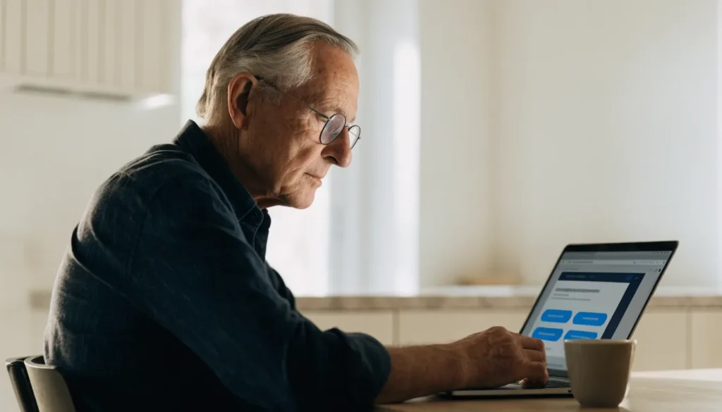 Older man reading a web page with large text on a laptop