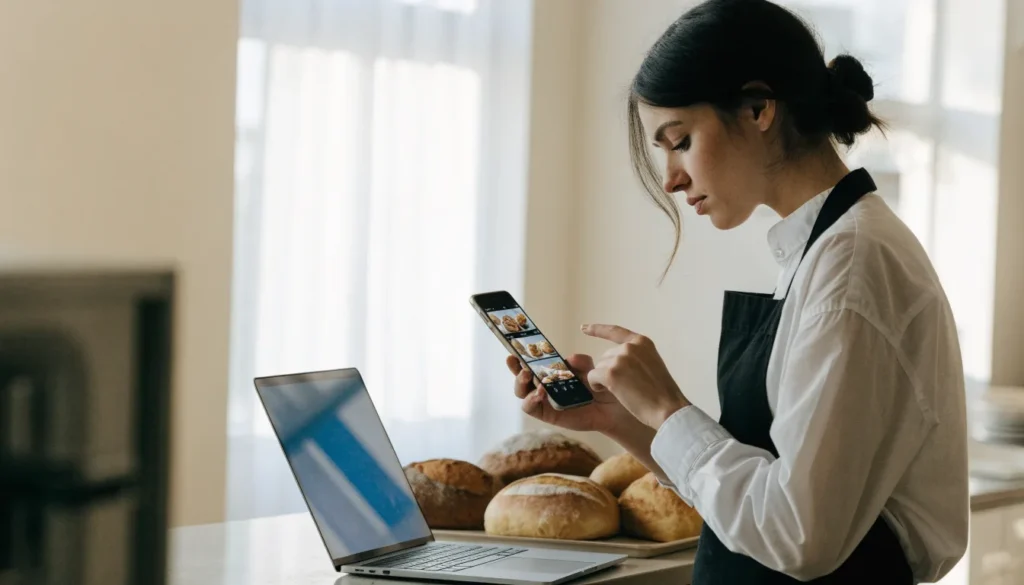 Baker holding her phone next to a laptop with her website in the bakery