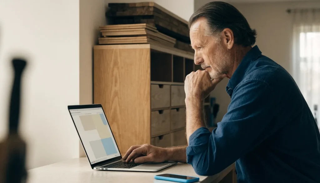 Carpenter watching a draft of his website on a laptop in his workshop