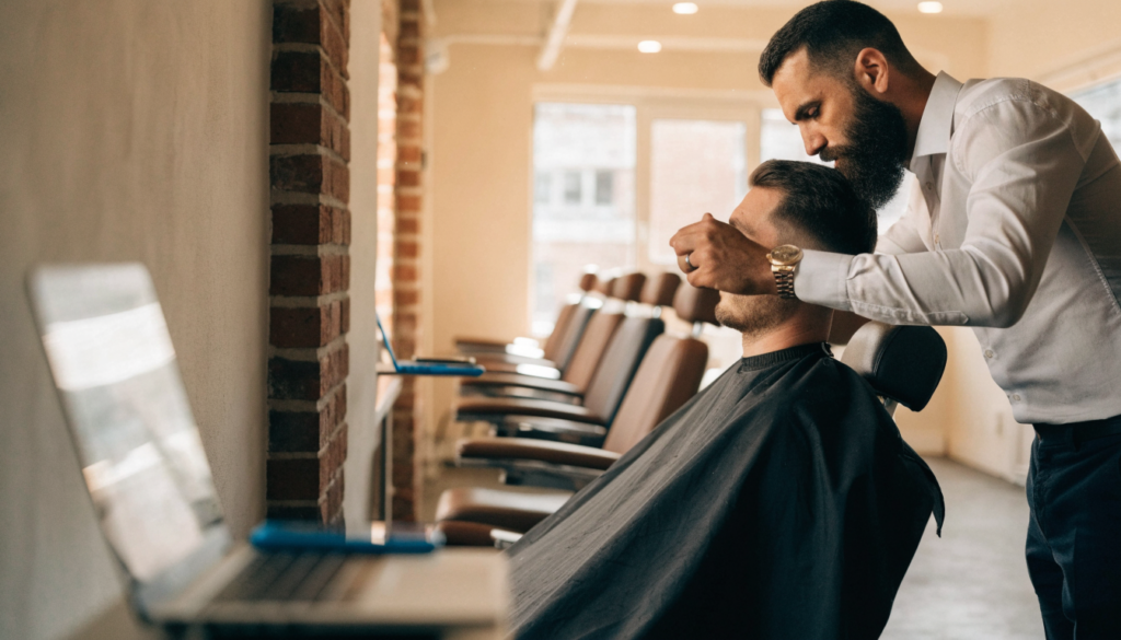 Barber giving a client a skin fade in a modern barbershop