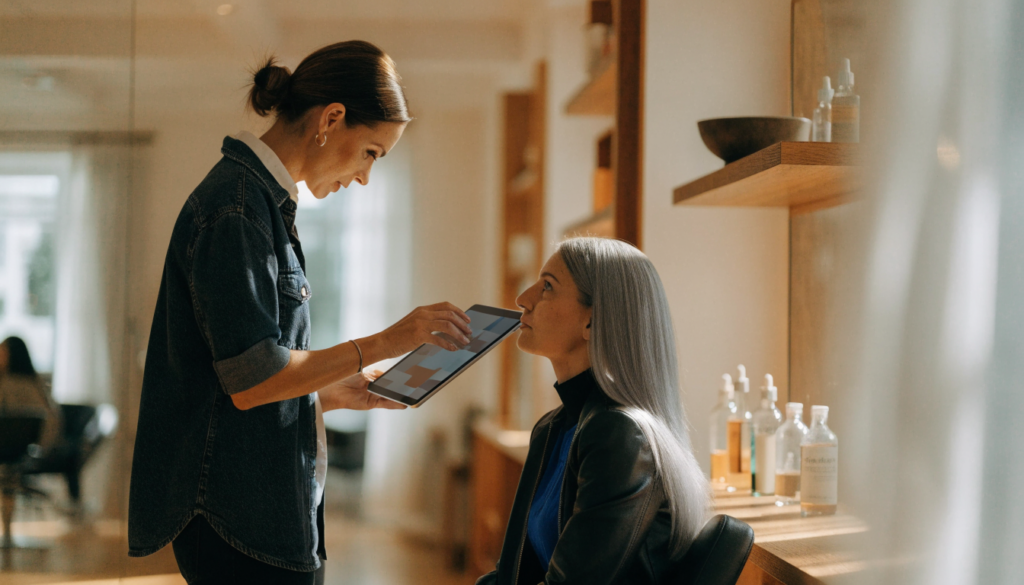 Hairstylist showing a client a gallery of hairstyles on a tablet in a bright salon