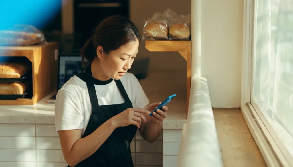 Bakery owner checking her website on a phone behind the counter