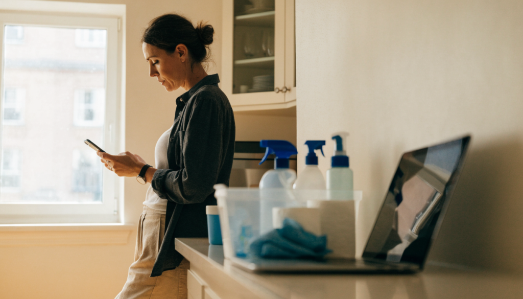 Cleaning business owner checking a new booking on her phone in a client's kitchen