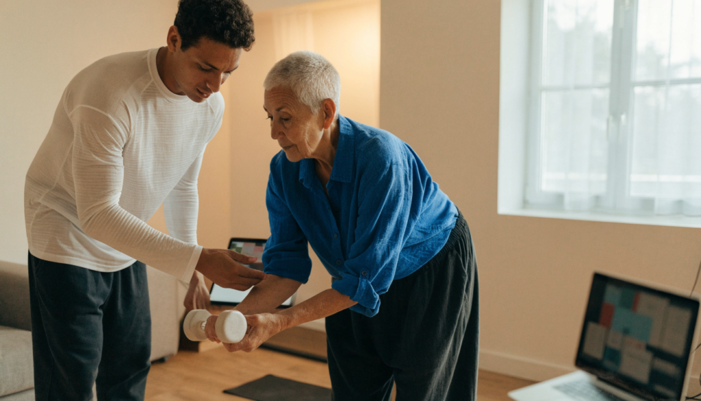 Personal trainer coaching an older client with light weights at her home