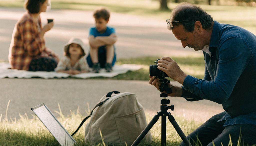 Family photographer setting up a camera for an outdoor portrait session in a park