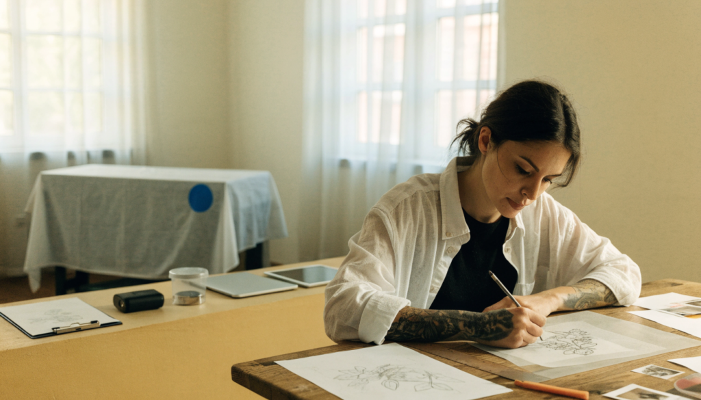 Tattoo artist sketching a custom floral design at her studio drawing table