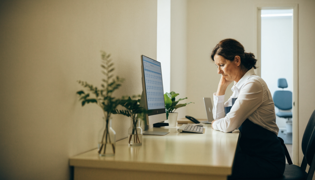 Clinic receptionist reviewing the week's appointments to fill gaps