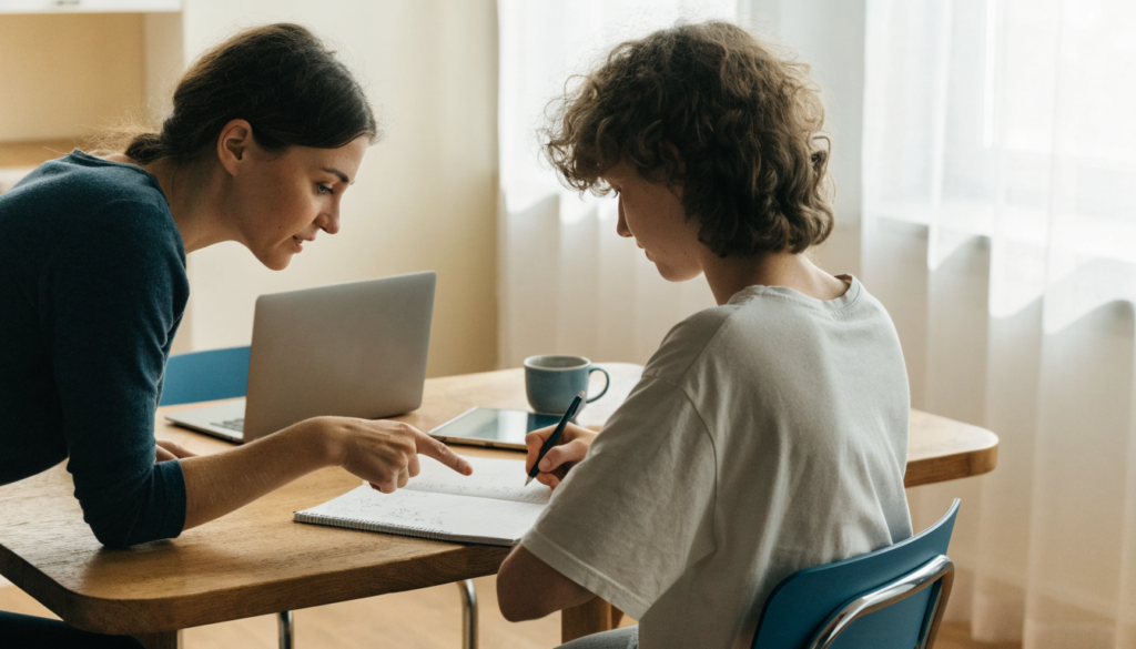 Private tutor helping a teenage student with a maths problem at a kitchen table