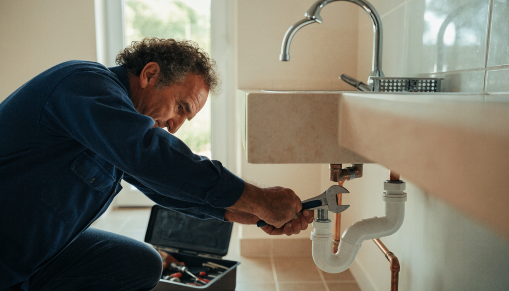 Plumber repairing a pipe under a kitchen sink with an adjustable wrench